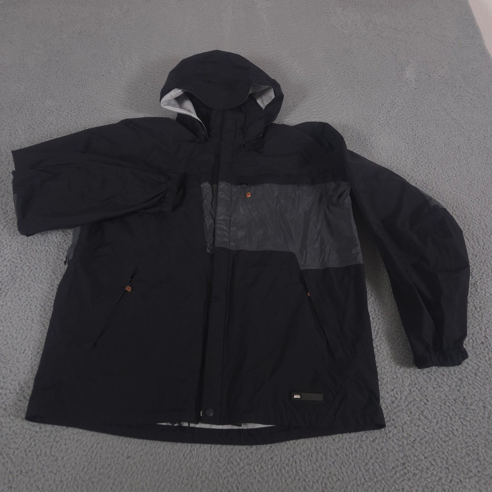 REI Jacket Mens XL Black Gore Windstopper Rain Shell Taped Seams Topo Lining